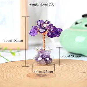Miniatuur amethyst kristal geld boom bonsai ornament met glazen pot en helende stenen.