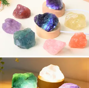 Natural raw crystal stone night light with wooden LED base for bedroom decor and gifts