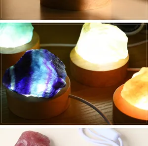 Natural crystal raw stone night light with wooden base, colorful glowing table lamp for home decor.