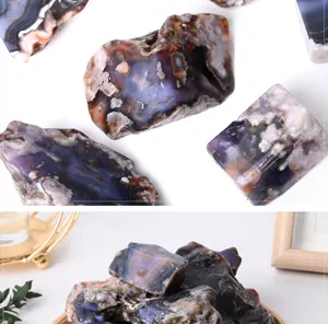 Natural blue cherry blossom agate slice raw stone ornament for home office decor display.