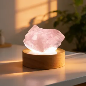 Natural Crystal Raw Stone Night Light Wooden LED Base USB Powered Bedroom Desk Decorative Table Lamp Ornament