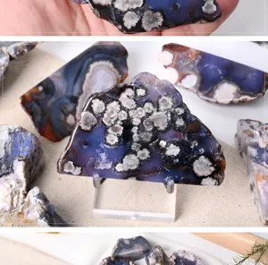 Detailed shot of natural blue cherry blossom agate slice crystal mineral decor display piece.