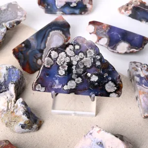 Natural blue cherry blossom agate slice raw stone decor ornament for home and office display