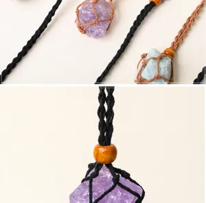 Handcrafted natural stone crystal pendant necklace with adjustable woven mesh cord and wooden beads.