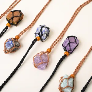 Natural Crystal Stone Mesh Pocket Braided Necklace Adjustable Hand Woven Vintage Rope Crystal Pendant Necklace