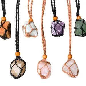 Natural raw stone crystal pendant necklace with handmade woven net rope adjustable design