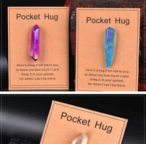 Pocket hug crystal raw stone healing gift card detail view showing colorful aura quartz.
