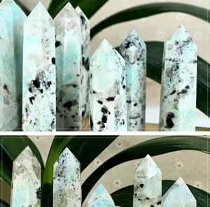 Natural blue crystal tower hexagonal wand gemstone energy pillar for home decor and crystal healing.