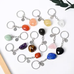 Natural Crystal Tumble Stone Keychain Zodiac Sign Metal Key Ring Car Bag Hanging Pendant Gift Jewelry