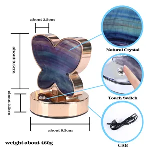 Gedetailleerd overzicht van natuurlijke kristallen vlinderlamp met touch-schakelaar en USB.