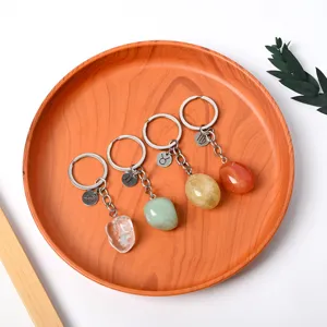 Natural crystal stone keychain with zodiac sign metal charm for car keys and bags stylish gift.