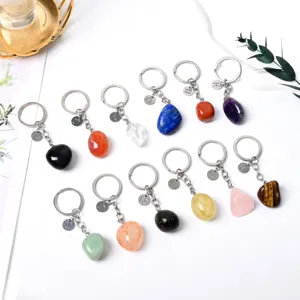 Natural crystal tumbled stone keychain with zodiac signs for car bag keys decoration detail.