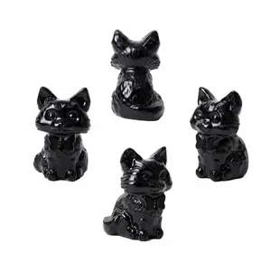Natural black obsidian crystal cat carving cute animal figurine home decor ornament