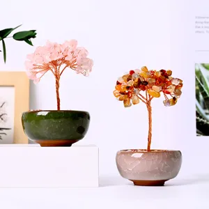 Natural crystal money tree desktop decoration rose quartz gemstone bonsai for home decor