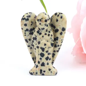 Natural Dalmatian jasper crystal angel carving gemstone ornament healing home decor gift.