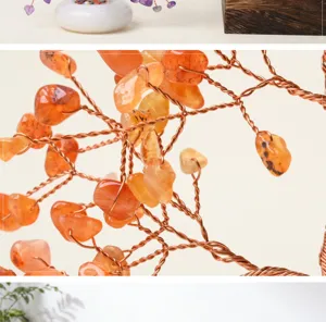 Natural crystal money tree detail shot, orange carnelian gemstone branch for home decor.