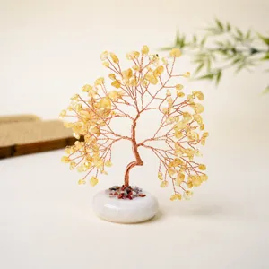 Natural yellow crystal money tree ornament, auspicious feng shui tree home decor with base.