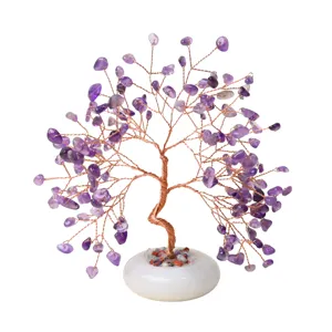 Natural amethyst crystal money tree bonsai sculpture with white stone base for home decor