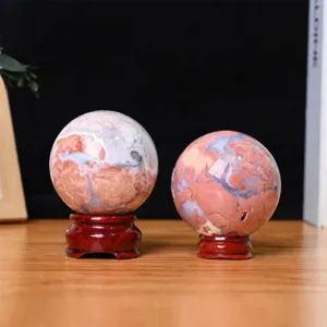 Sphère en cristal d'agate fleur de cerisier naturelle gemme avec socle en bois déco maison