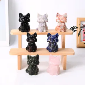 Natural crystal carved cat figurine cute gemstone animal home decor desktop ornament
