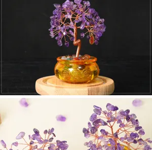 Close-up detail view of the handmade crystal money tree with purple amethyst stones and wooden base.