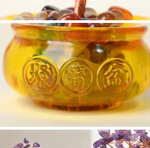Crystal money tree detail view, colorful stones inside resin treasure basin, feng shui decor.