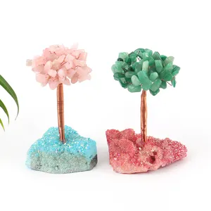 Handcrafted natural crystal money tree with electroplated cluster base for home decor feng shui