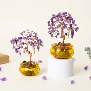 Natural Purple Amethyst Money Tree Cornucopia Base Feng Shui Wealth Tree Home Office Desk Decor Good Luck Ornament Gift