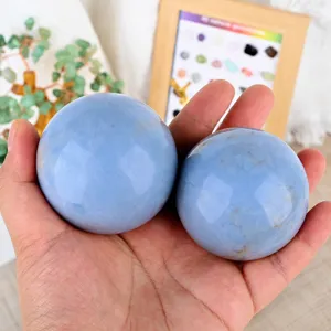 Natural blue angelite crystal sphere gemstone healing energy ball for home office decor display
