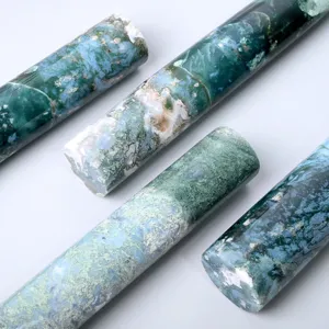 Natural moss agate crystal pillar wand for home office decor and energy healing collection.