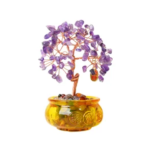 Natural amethyst crystal money tree bonsai with resin wealth basin for home office decor