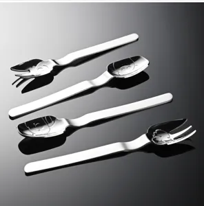 Stainless steel kids cutlery set with cute bear pattern fork and spoon for baby dining.