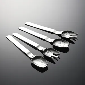 Stainless steel children fork and spoon set with cute bear pattern for baby toddler feeding.