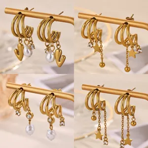 Stainless Steel 18k Gold Plated Multi-Layer C-Shape Tassel Earrings With Imitation Pearl Star And Zirconia For Women Jewelry