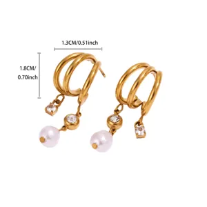 Gold plated stainless steel multi-layer C-shape pearl tassel earrings for daily wear.