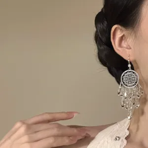 Silver dreamcatcher crystal tassel earrings, niche design cold style dangling ear jewelry