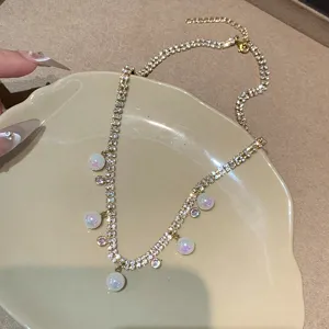 Korean style double layer rhinestone pearl pendant clavicle necklace sweet versatile jewelry