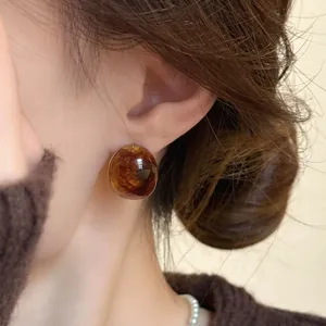 Retro amber resin stud earrings for women, minimalist Chinese style daily chic jewelry gift.