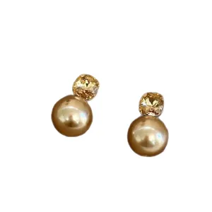 Champagne gold crystal and pearl stud earrings for women, elegant daily wear jewelry.