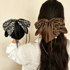 Leopardenmuster Schleife Haarkralle Mit Künstliche Perle Quaste Französischer Vintage Pferdeschwanz Clip Stoff Haarschmuck