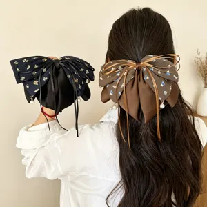 Französischer Retro Blumen Schleife Haarspange Mit Band Und Künstlicher Perle Elegant Ponytail Haarklammer Für Damen Kopfschmuck