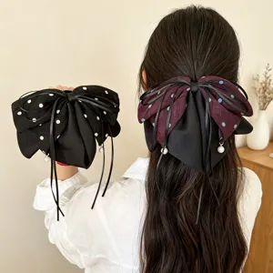 Französisch Retro Polka Dot Schleife Haarkralle Mit Langen Bändern Und Künstlichen Perlenanhängern Eleganter Stoff Hai Clip Pferdeschwanz Haarschmuck Für Damen