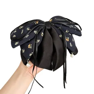 Vintage Blumen Haarschleife Klammer mit schwarzen Bändern und Perlen für Damen Mode