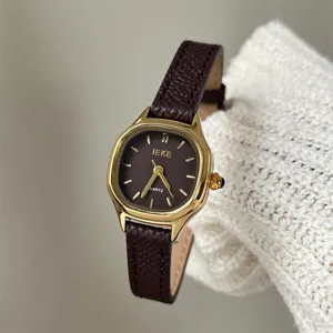 Elegant Polygon Dial Women's Quartz Watch With Faux Leather Strap Gold Case Bar Markers Vintage Style Lady Wristwatch