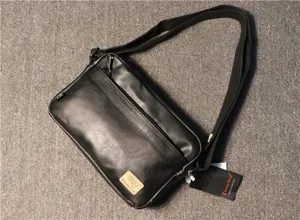 Black PU leather shoulder bag for men, casual crossbody messenger bag with zip pockets.