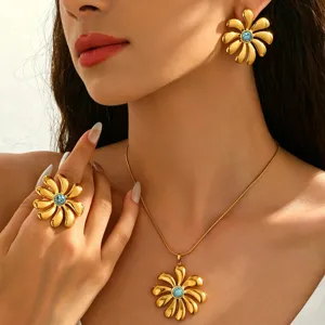 Ensemble de bijoux fleur dore acier inoxydable plaque or 18k collier boucles d'oreilles bague