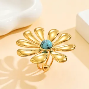 Anello statement fiore dorato con pietra blu anello aperto regolabile gioielli moda donna
