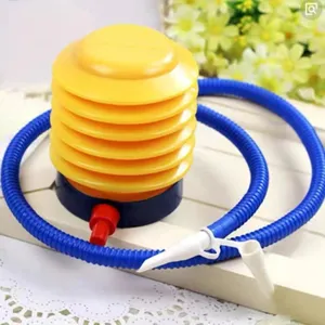 Portable foot air pump for balloons, inflatables, and swimming rings with flexible hose.