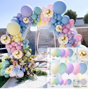 Pastell Ballonbogen Set mit rosa, blauen, gelben und lila Ballons für Partydekoration.