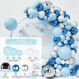 101pcs balloon arch kit with blue white and metallic silver balloons for party decoration.